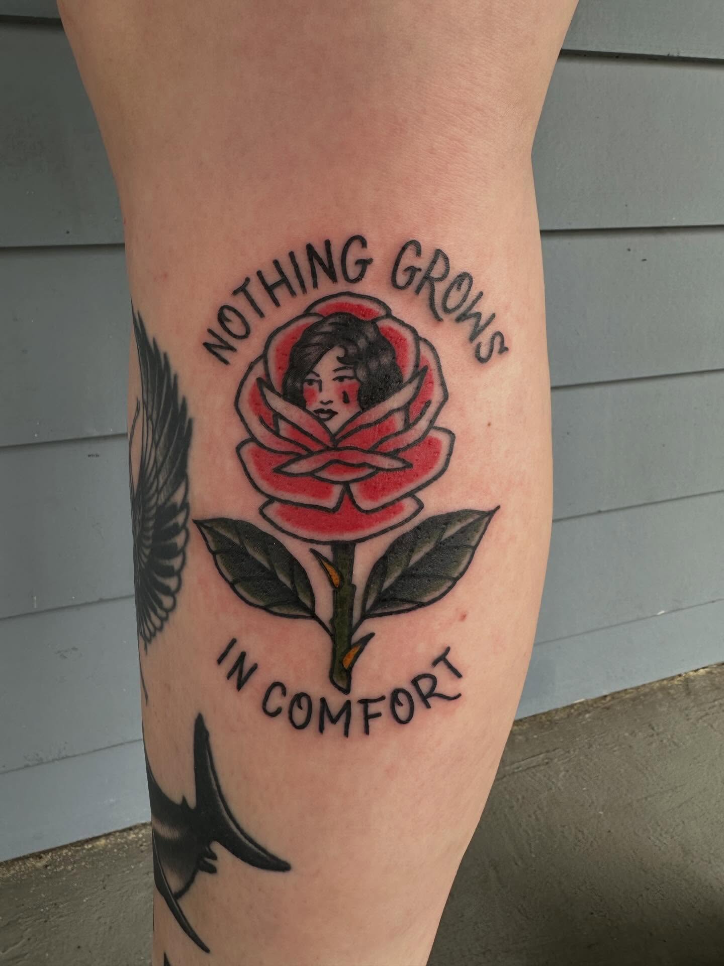 Rose with woman American traditional tattoo on the forearm by Whitney Creep Tattoos