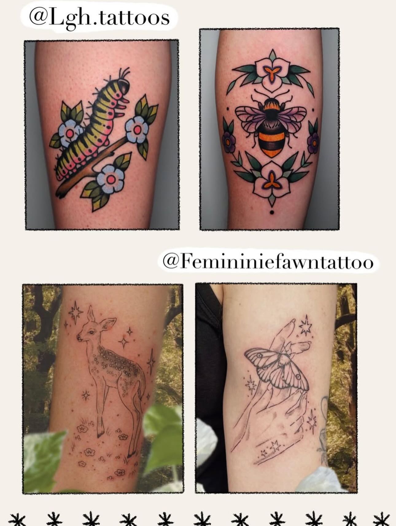 Caterpillar and flowers American traditional tattoo on the forearm by Zoe Arrigo