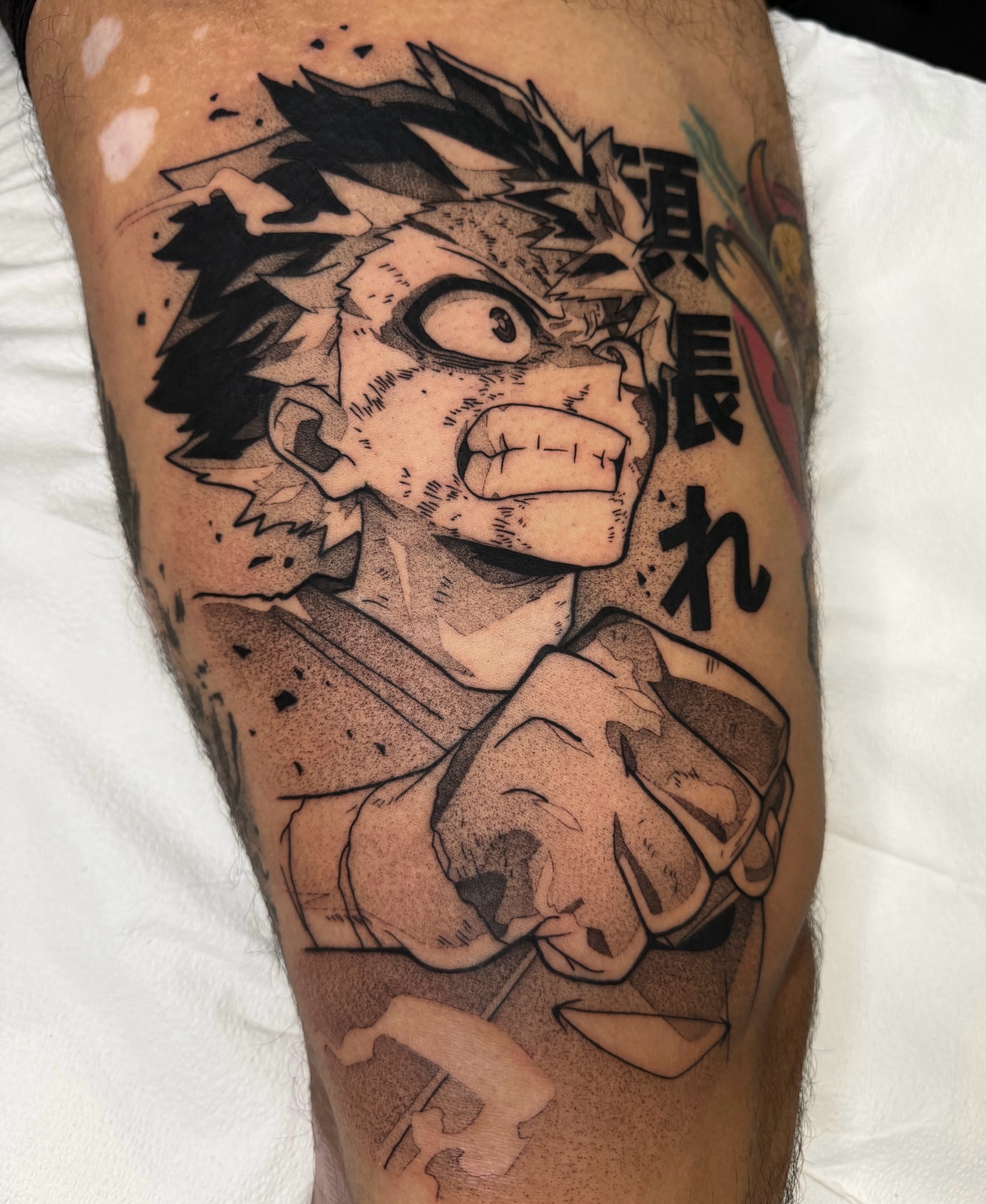 Anime character dotwork tattoo on the forearm by Z, Greenville, South Carolina