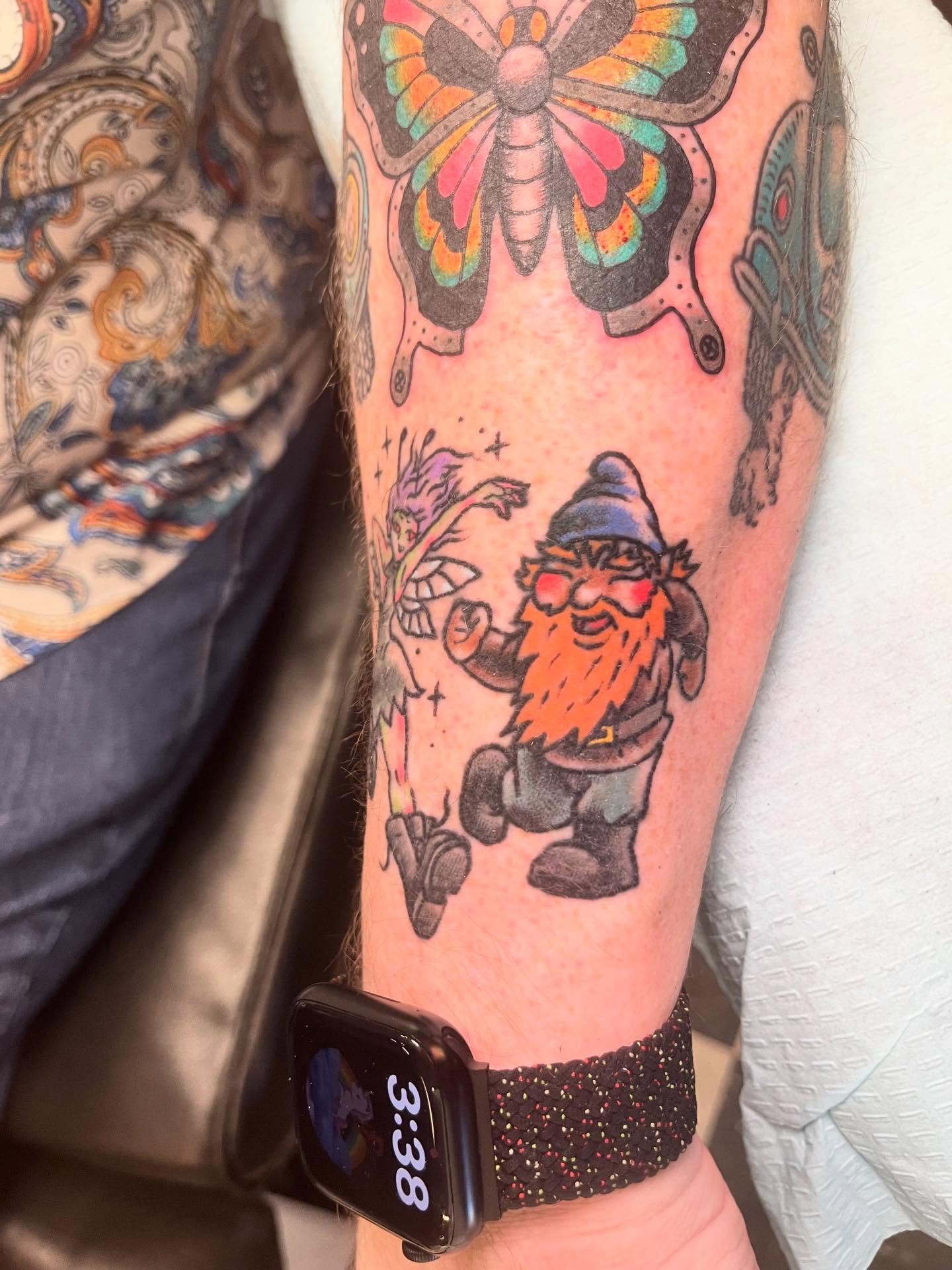 Gnome and butterfly new school tattoo on the forearm by Sean Swanson Tattoo Salem Oregon, Salem, Oregon