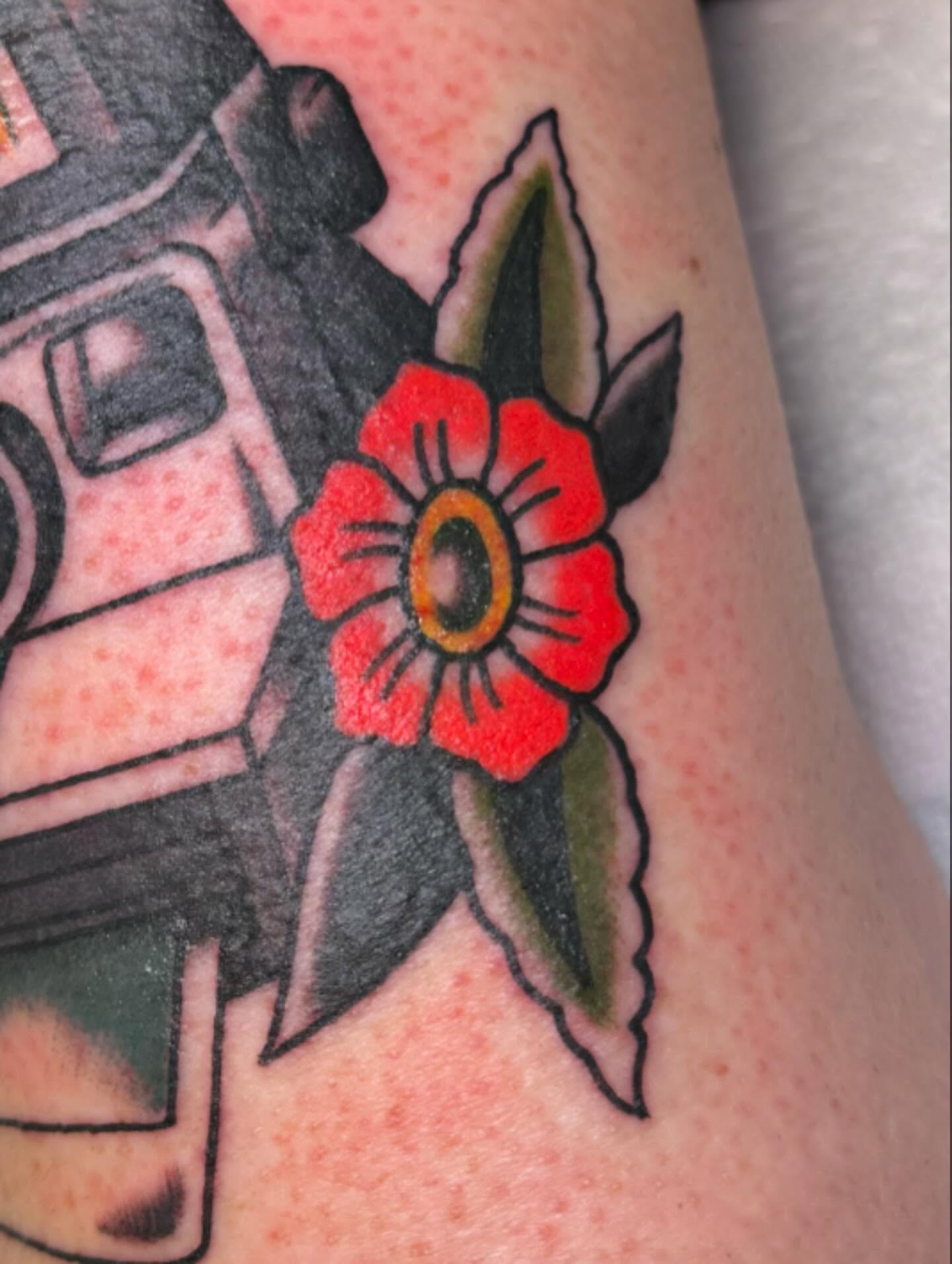 Camera and flower American traditional tattoo on the forearm by ＊ Carly James ＊