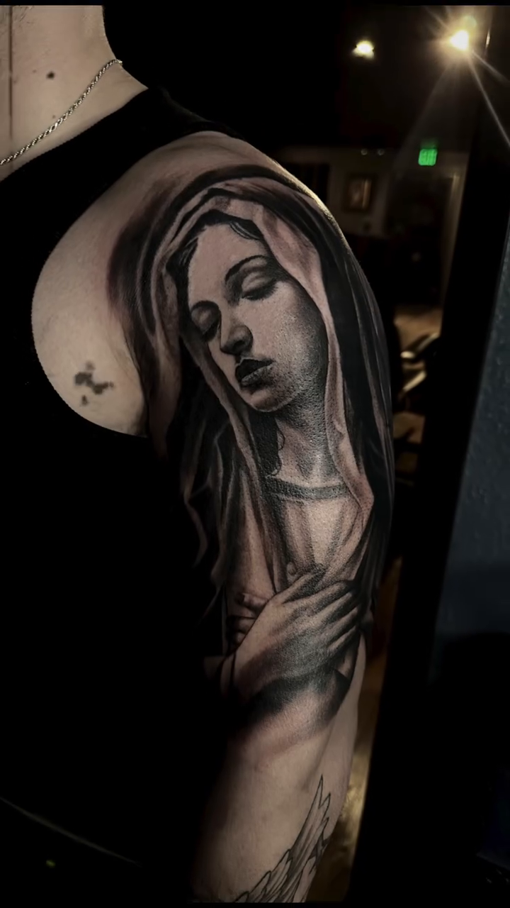 Virgin Mary portrait realism tattoo by Jason Oz, Denver, Colorado
