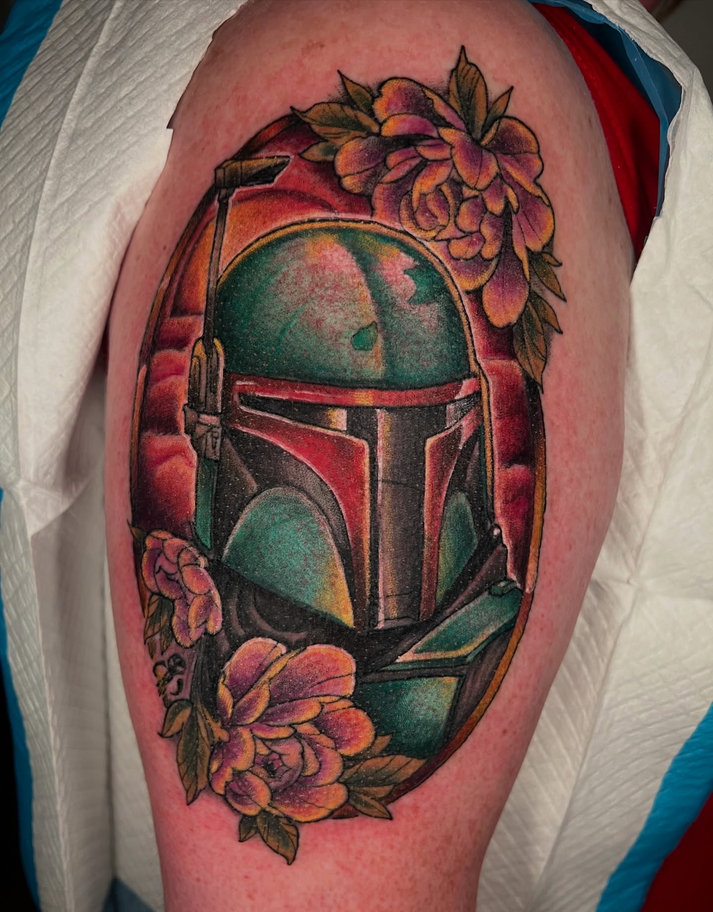 Boba fett helmet American traditional tattoo on the thigh by Brandon Durbin