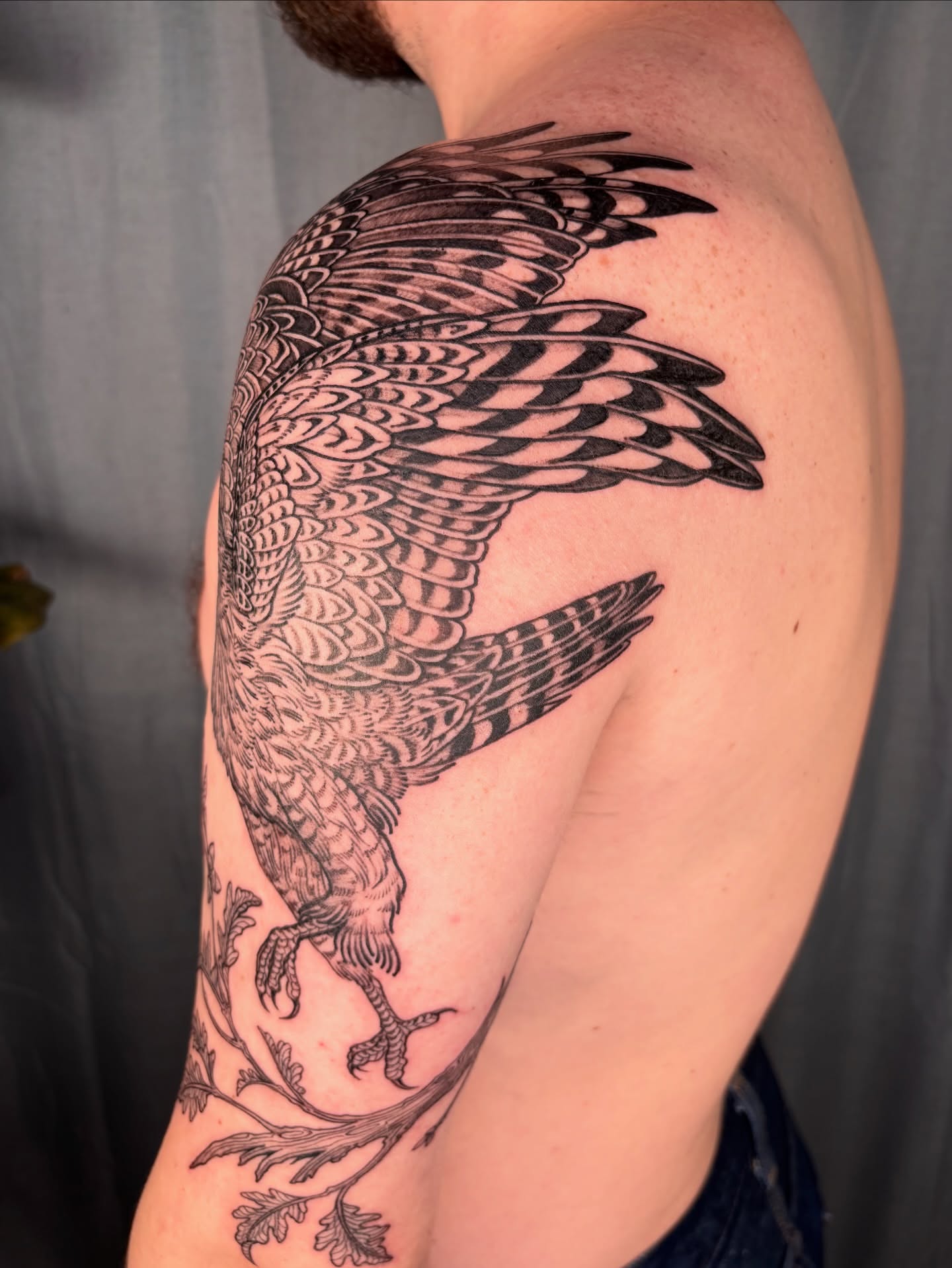 Hawk black and grey tattoo on the shoulder by Maggie