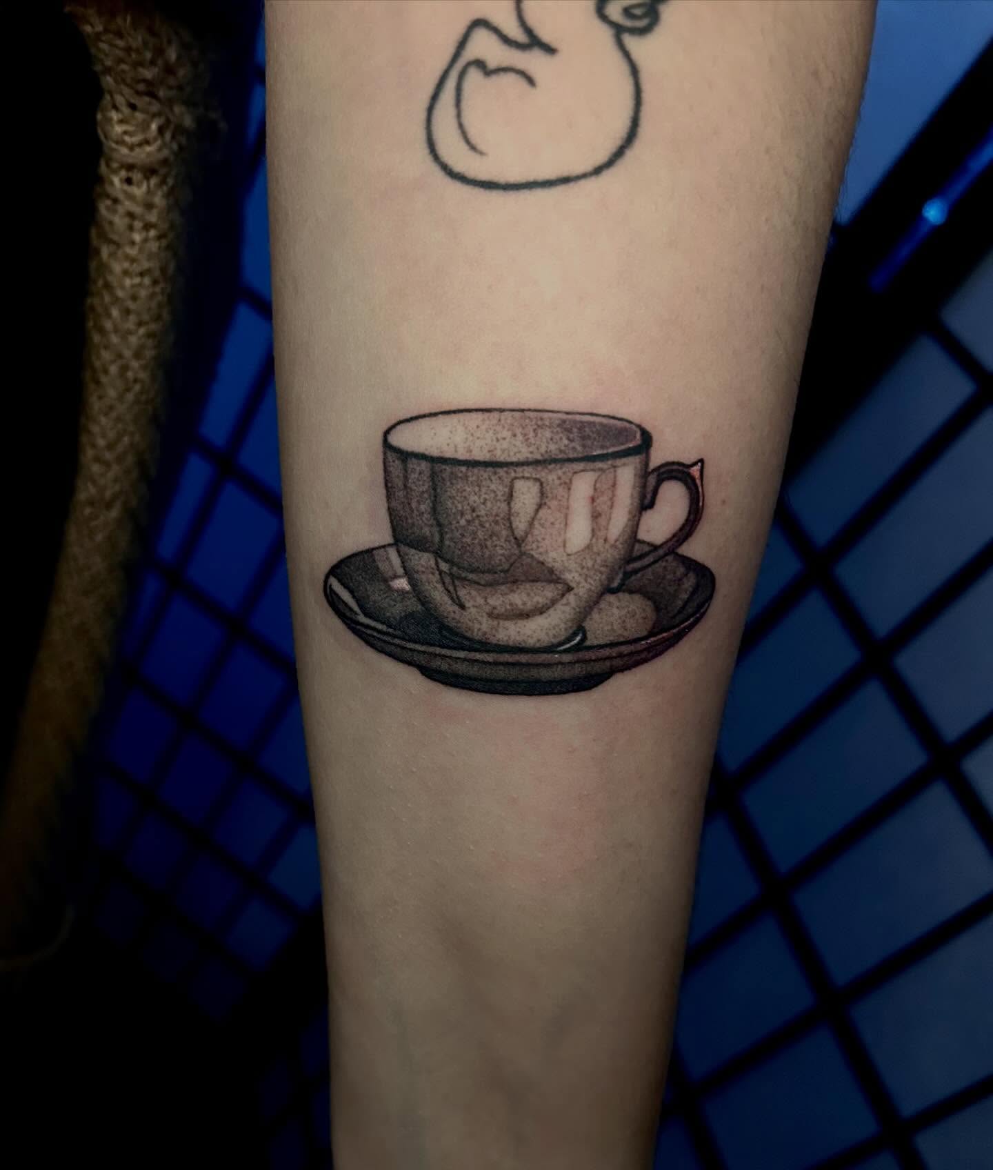 Coffee cup dotwork tattoo on the forearm by Tash ๐โ๐ฉ