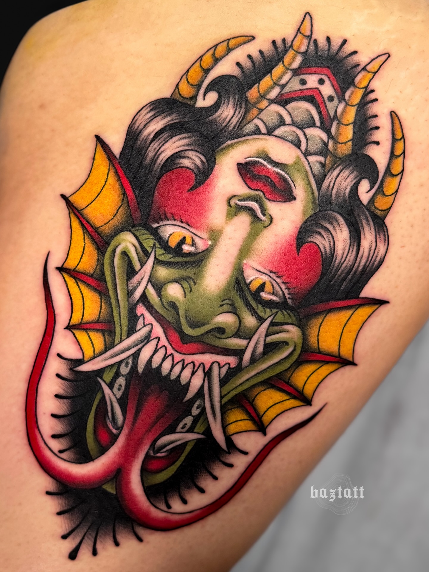 Demon head American traditional tattoo on the shoulder by bri allura ✿ tattoo artist  ✿ cleveland, oh