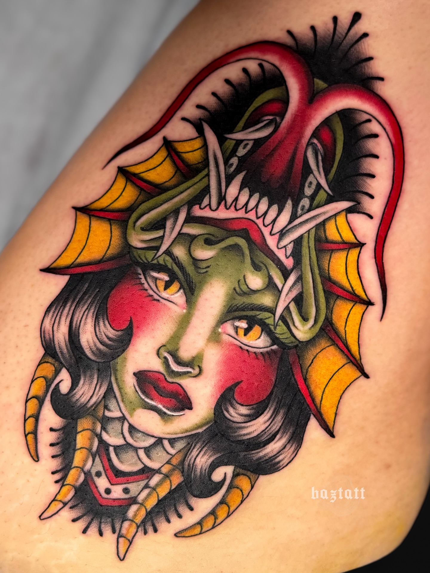 Woman with horns American traditional tattoo on the shoulder by bri allura ✿ tattoo artist  ✿ cleveland, oh