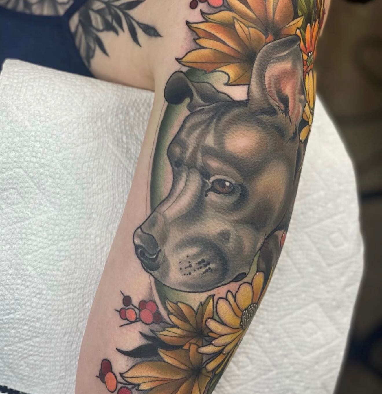Dog portrait realism tattoo on the forearm by Kyle Behr