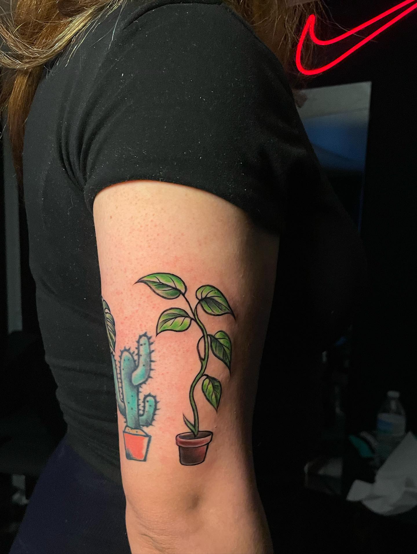 Cactus and plant new school tattoo on the forearm by Nikko