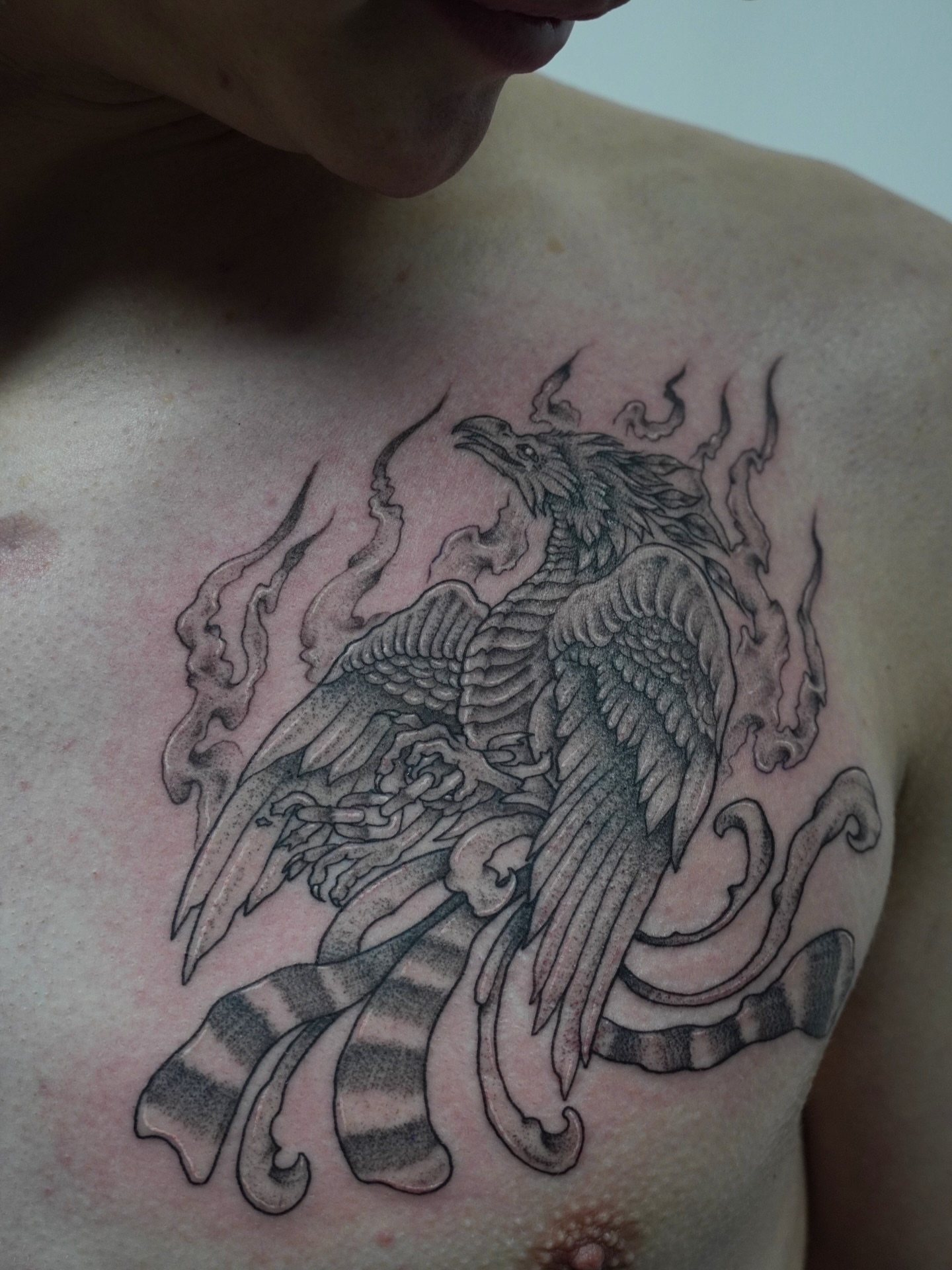Phoenix black and grey tattoo on the chest by Cory Perry-Servellon