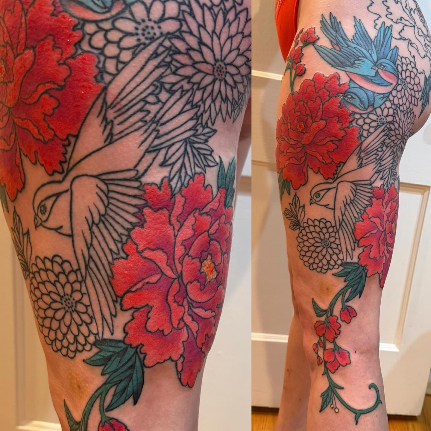 Bird and flowers American traditional tattoo on the thigh by Laura Saadati Kepper