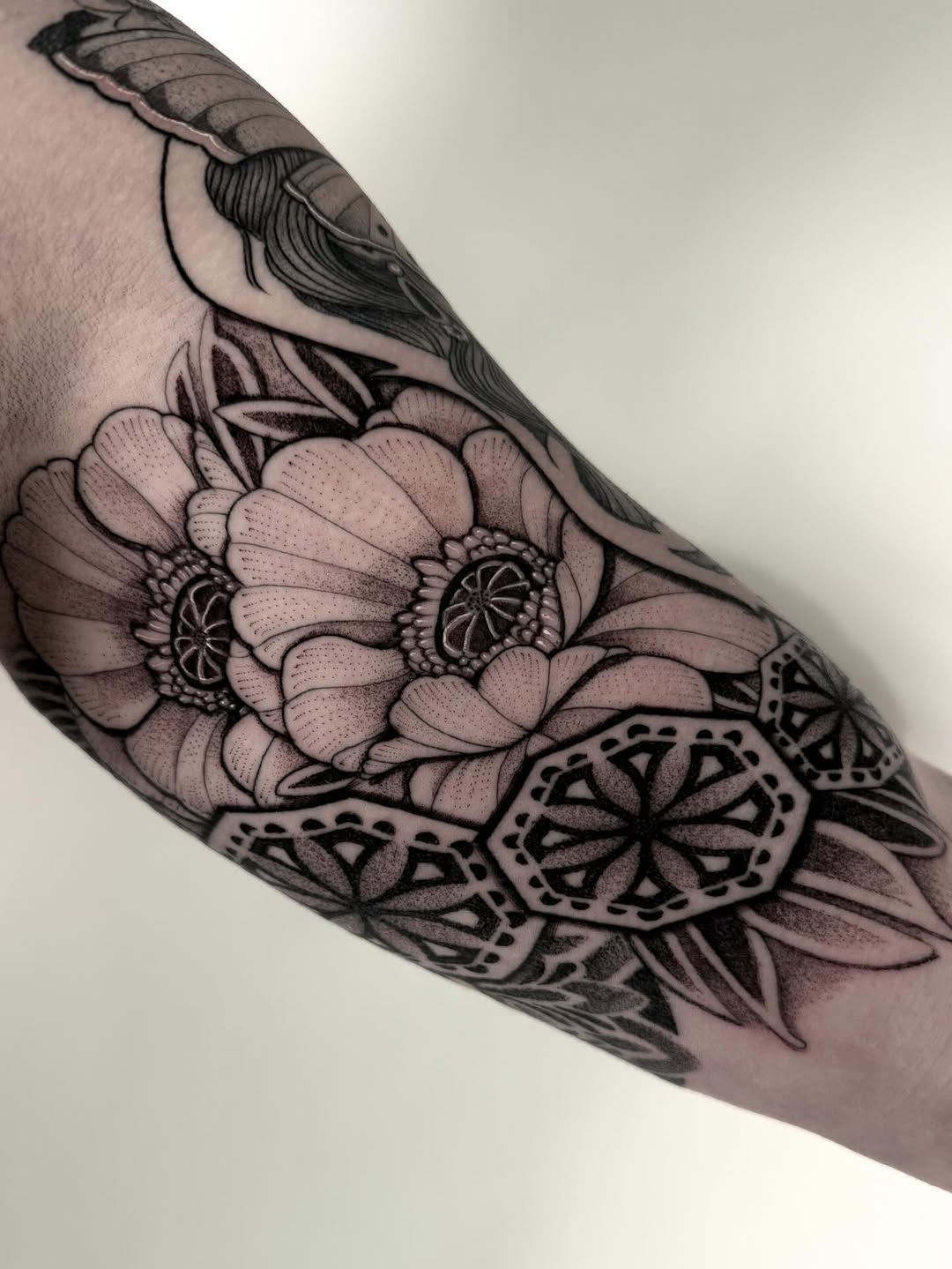 Tattoo by @luna_sea_tattoo — dotwork, black_and_grey