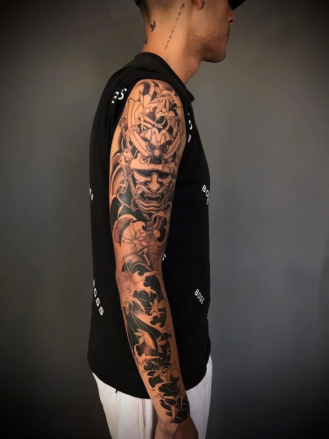 Samurai mask and waves Japanese tattoo on the forearm by Mauricio gois