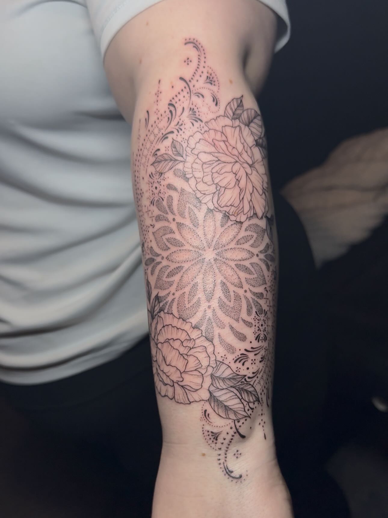 Tattoo by @tats.by.possum — dotwork, black_and_grey