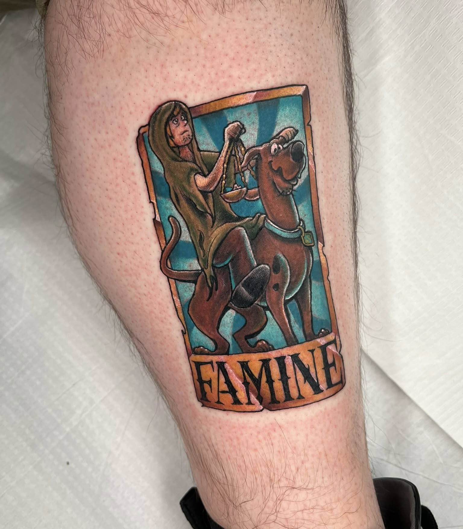Famine dotwork tattoo on the thigh by Brandon Durbin