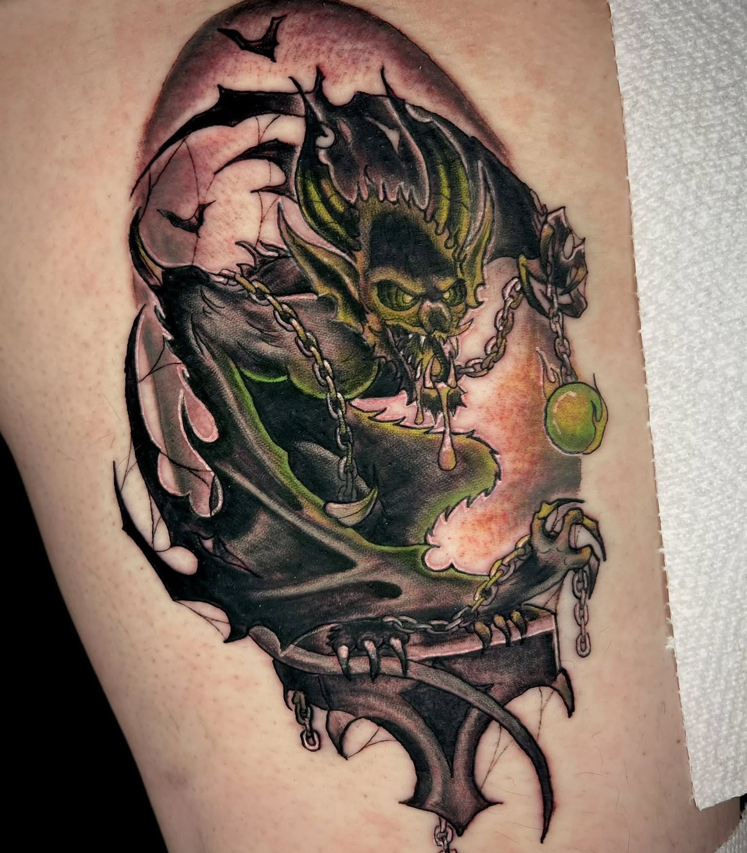 Demon dark realism tattoo on the thigh by Brandon Durbin