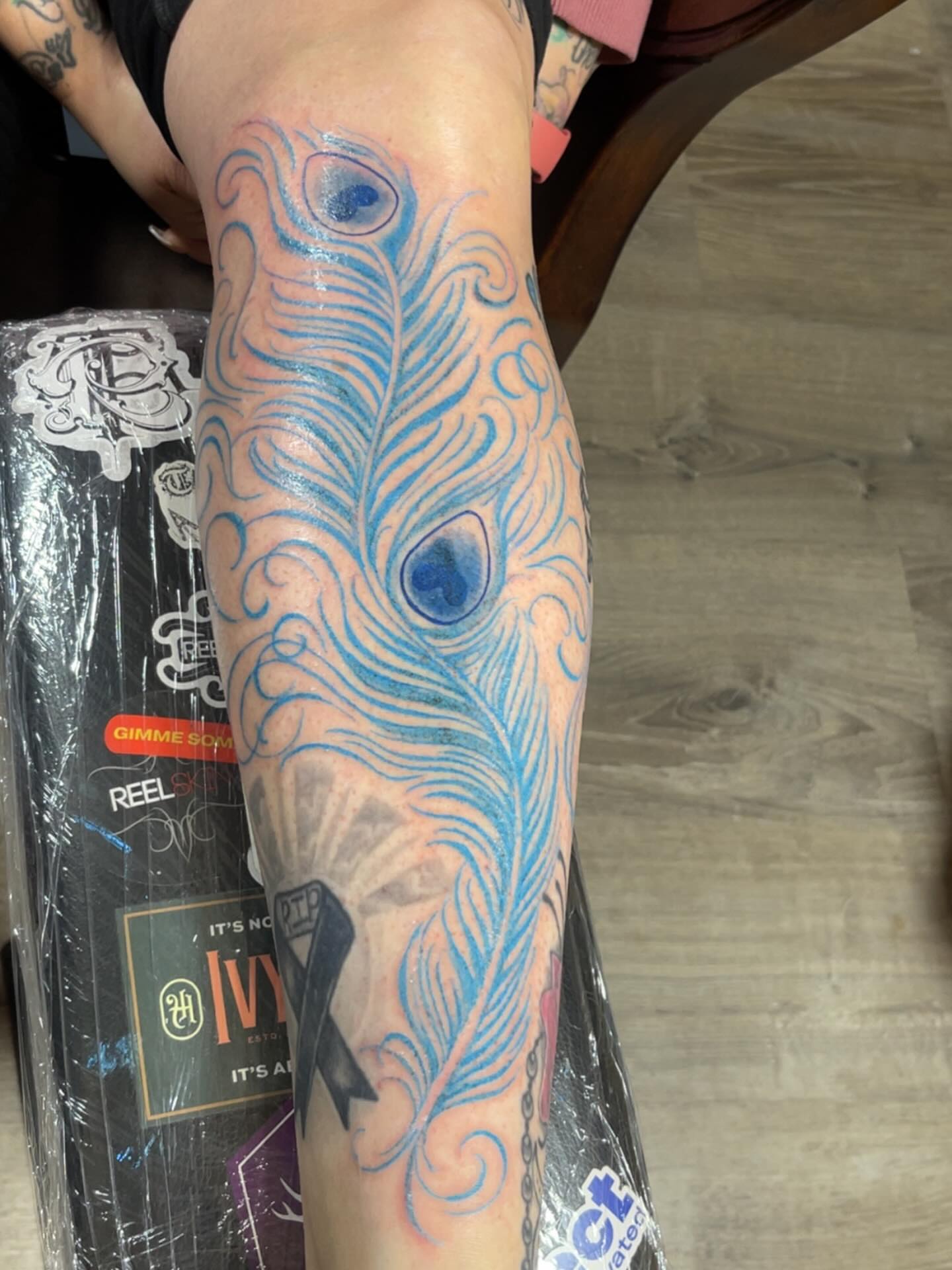 Peacock feather dotwork tattoo on the forearm by Tattsruru