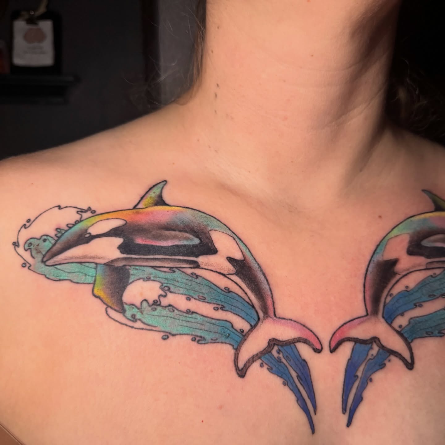 Killer whale new school tattoo on the chest by iz fisch