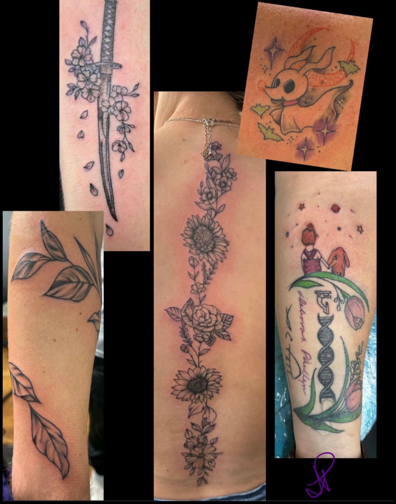 Floral sword black and grey tattoo on the forearm by Jillian Pardy
