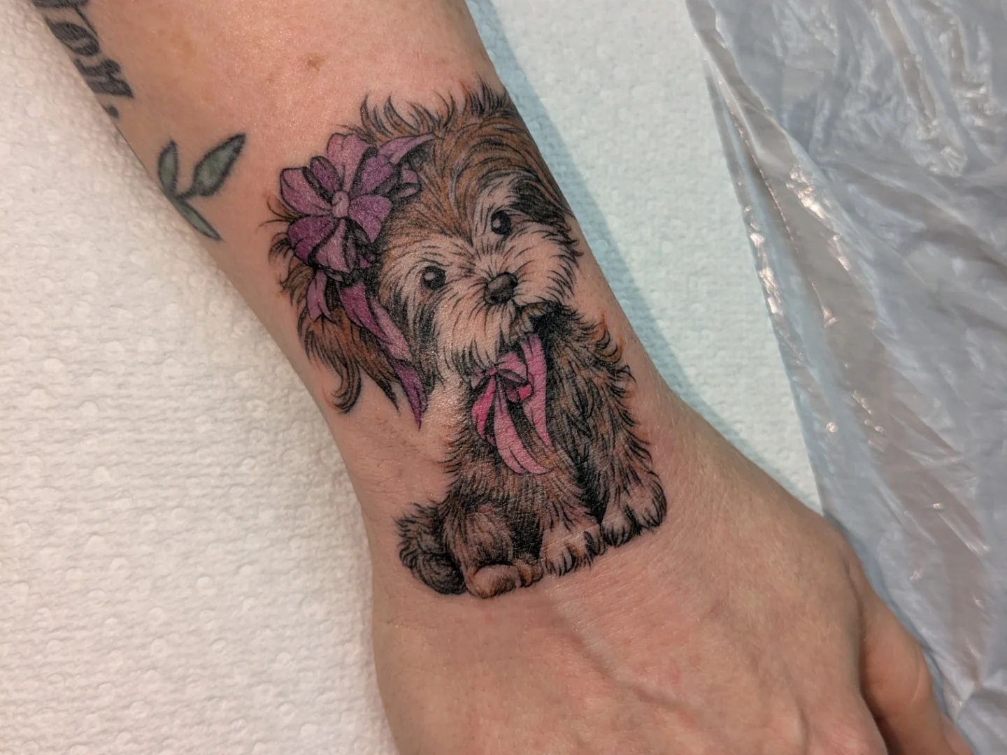 Puppy with flowers realism tattoo on the forearm by Jessica Thomas Fleischman, Morganton, North Carolina