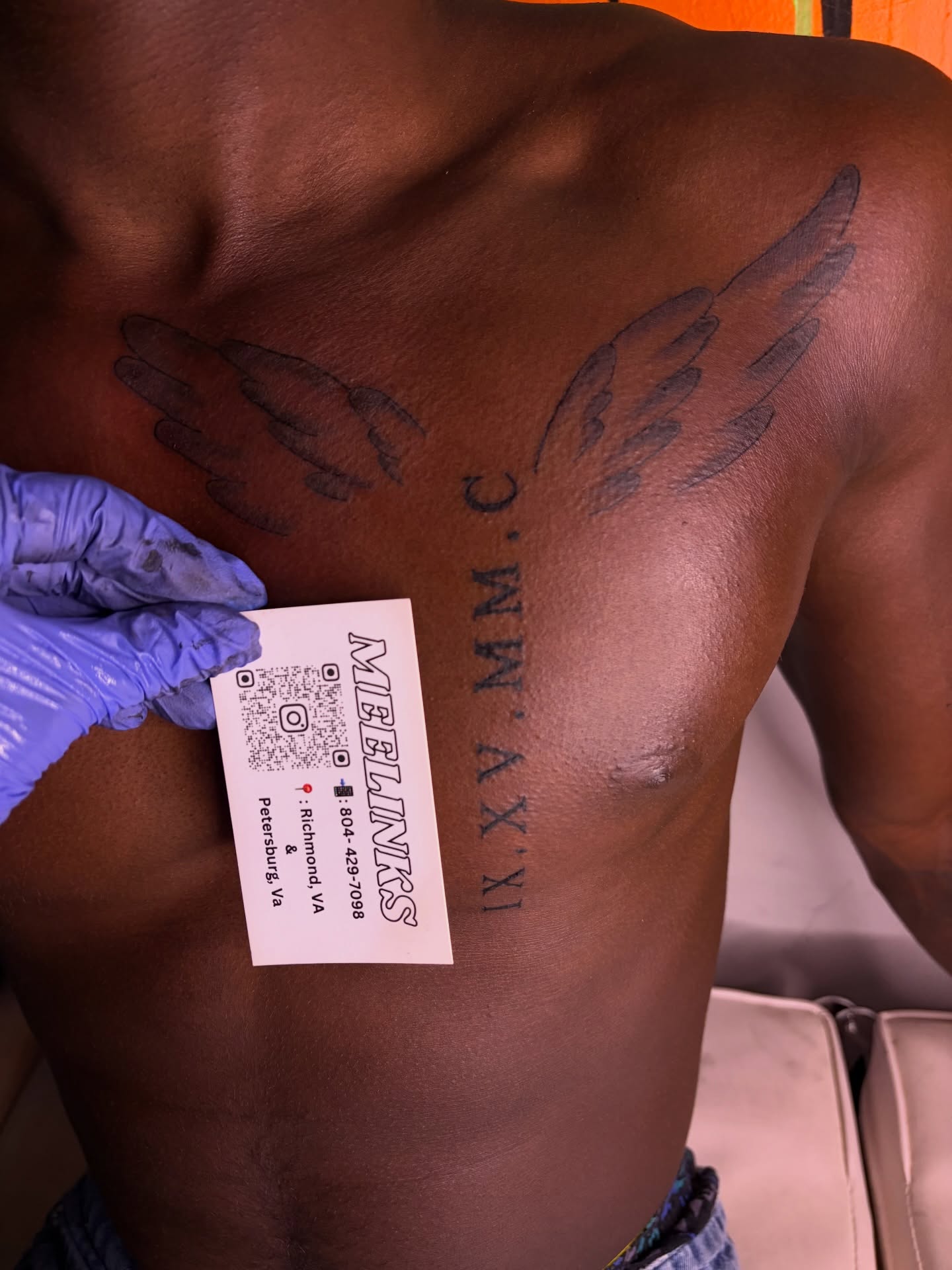 Wings black and grey tattoo on the chest by Meela Inks ๐, Richmond, Virginia