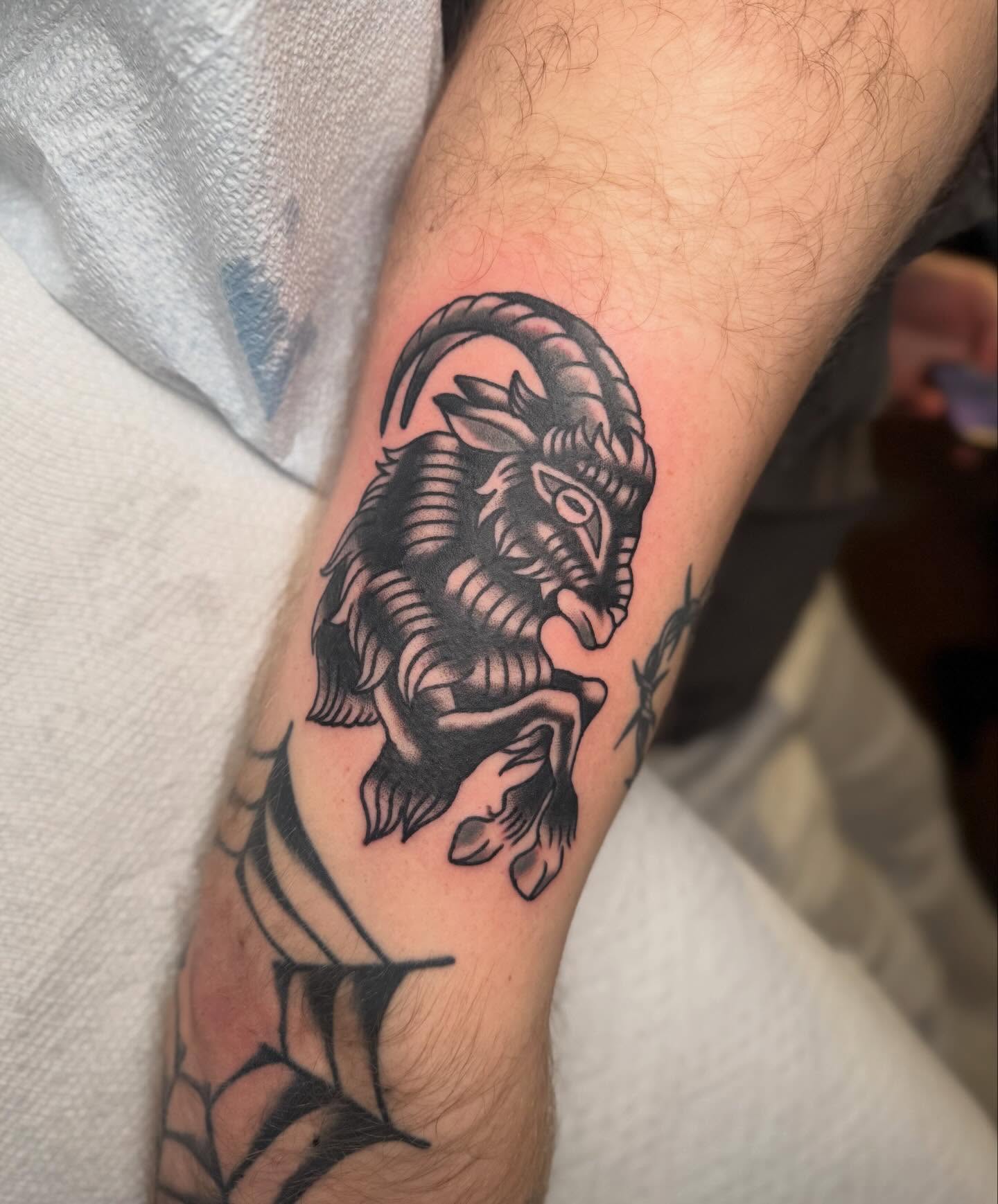 Ram head American traditional tattoo on the forearm by Elle Yax