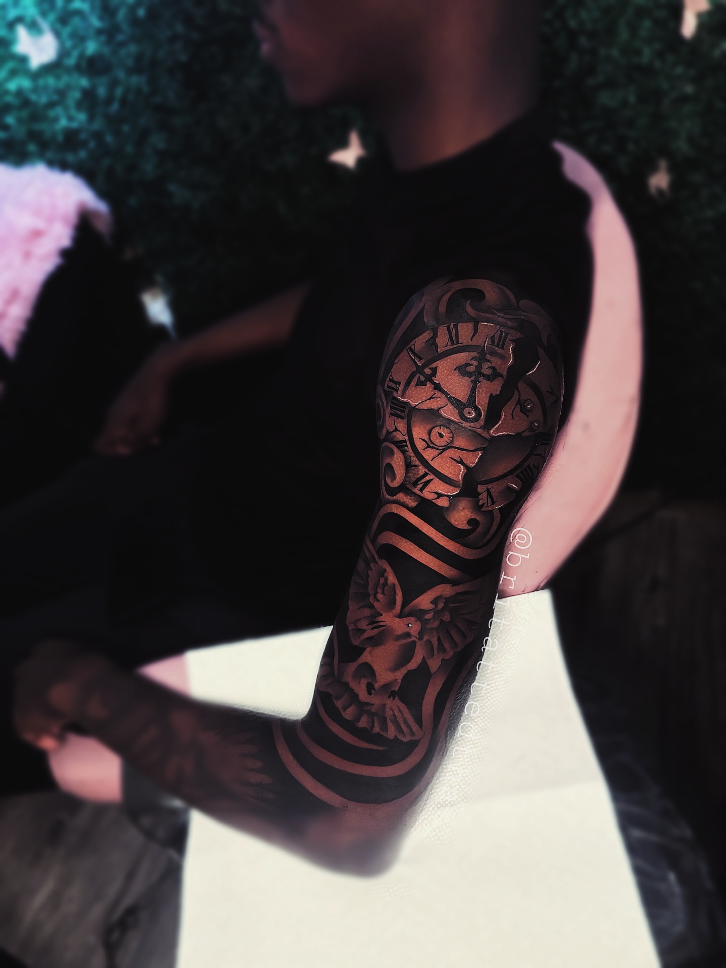 Clock and eagle black and grey tattoo on the forearm by Bri Tatted That