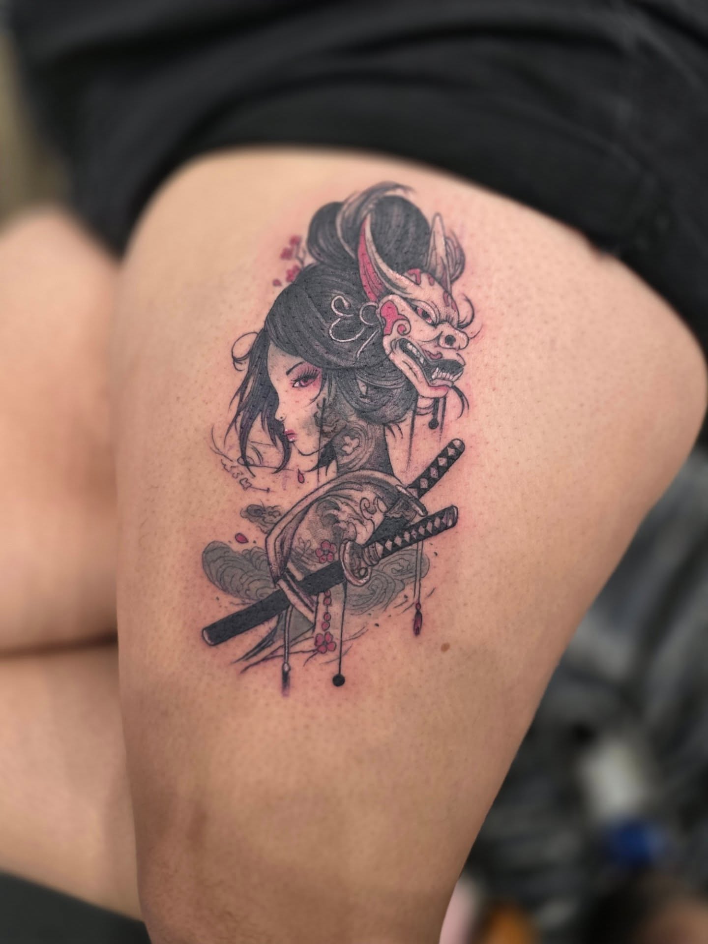 Geisha with demon mask japanese irezumi tattoo on the thigh by Claudia Isabel Roman, El Paso, Texas