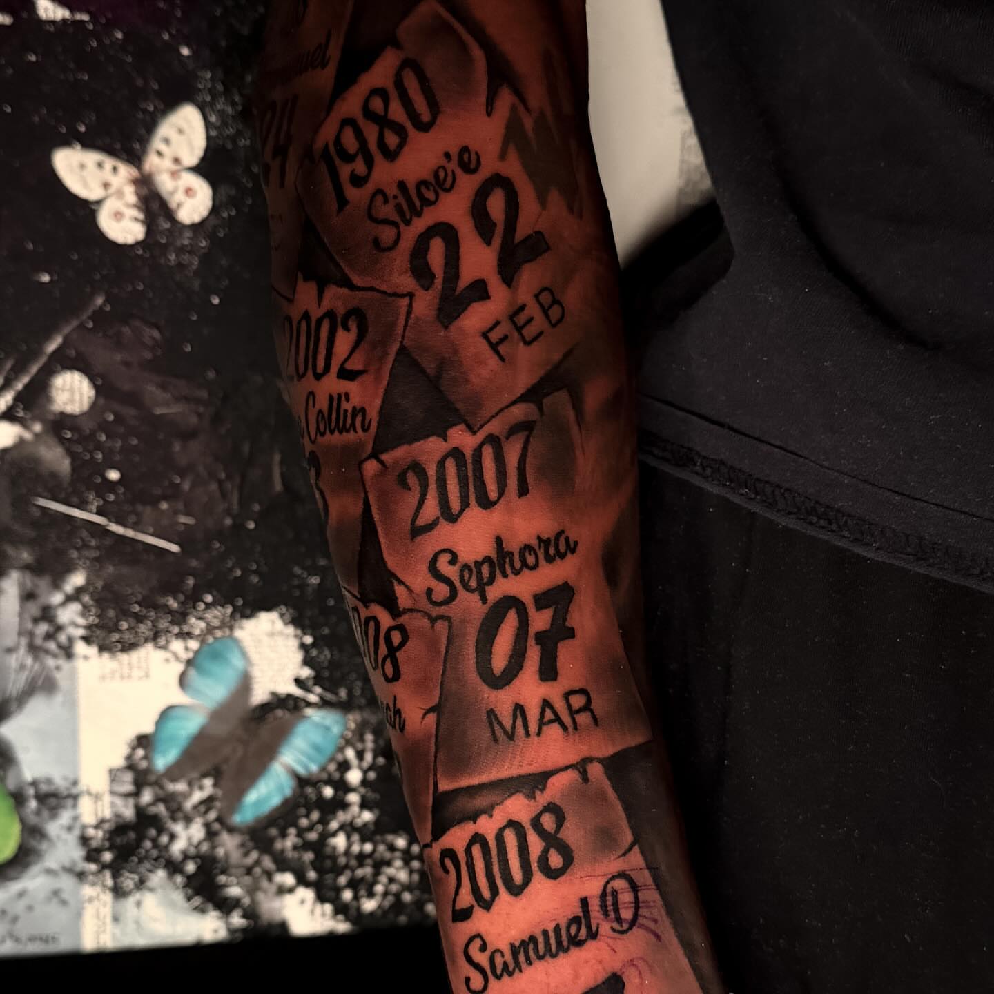 Date and name tattoos black and grey tattoo on the forearm by Shane Boss, Toronto, Ontario
