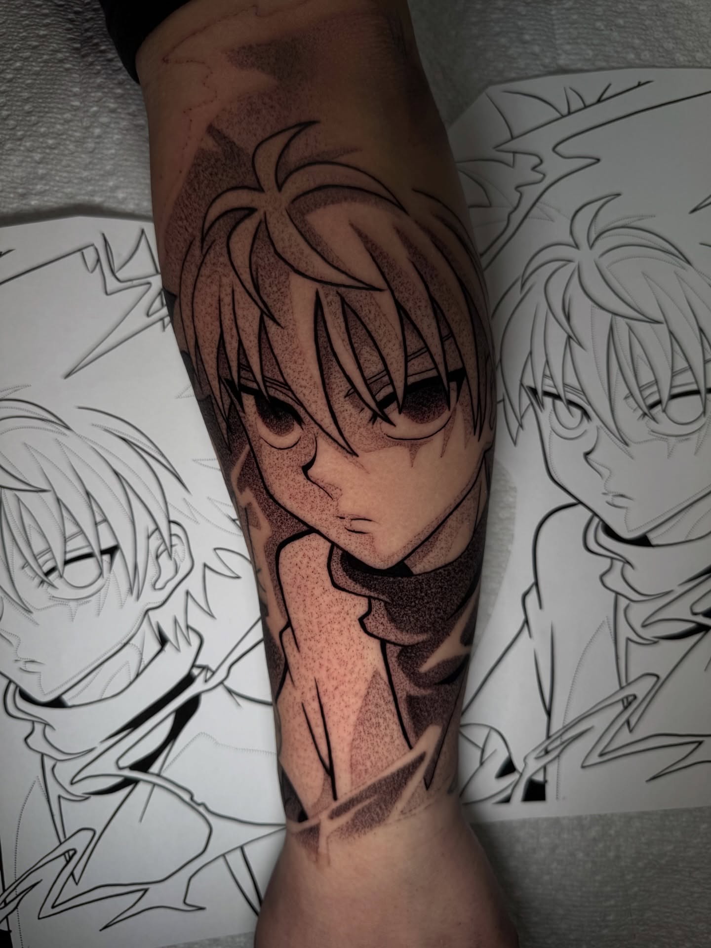 Anime character dotwork tattoo on the forearm by Anthony D. Rustik