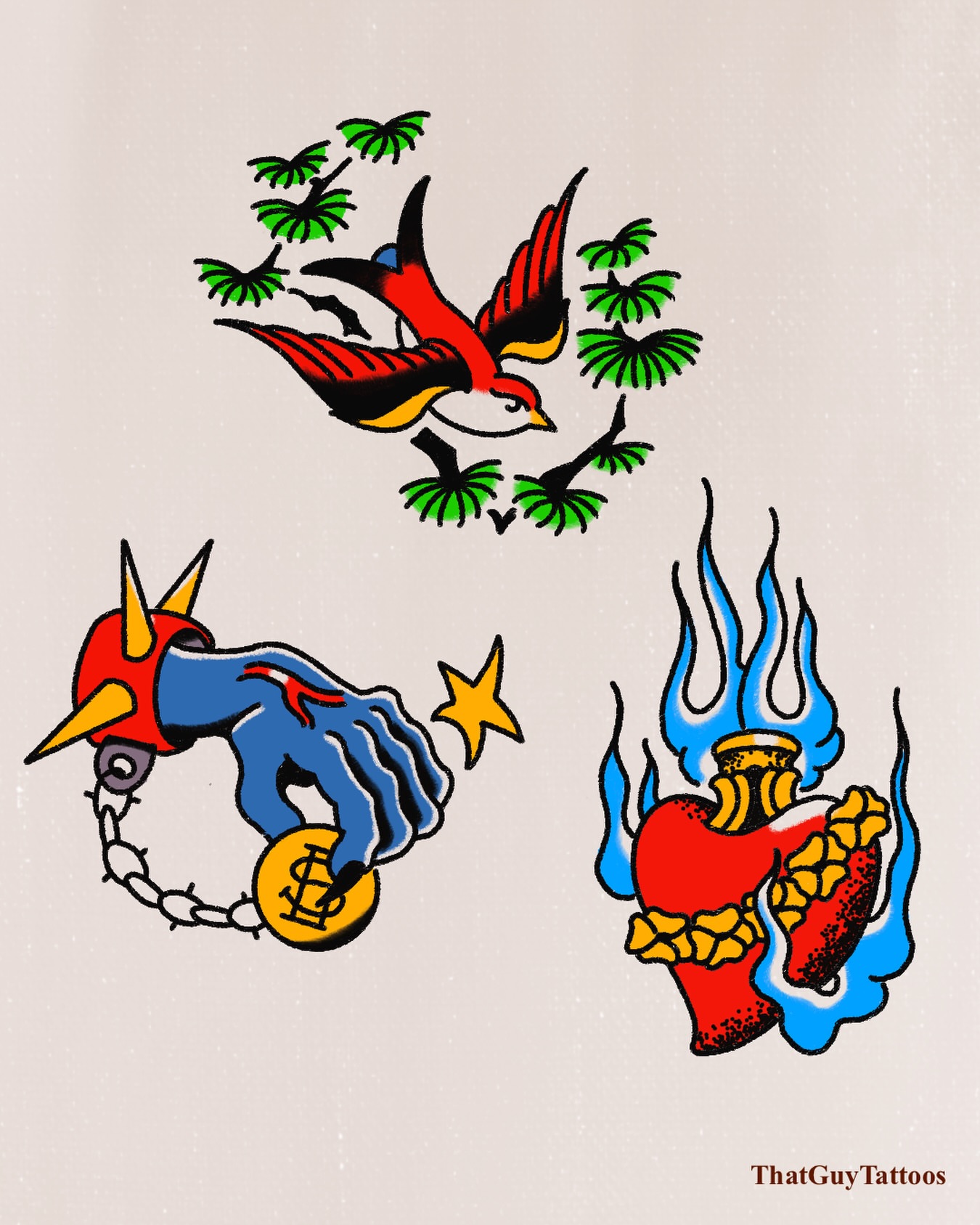 Bird, hand, heart American traditional tattoo by Gabriel F Kingston Beitia