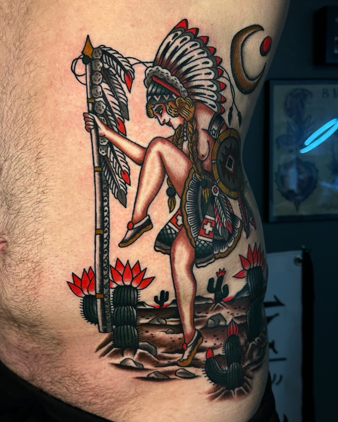 Native american warrior American traditional tattoo by Tony Perez- Austin Texas Tattooer
