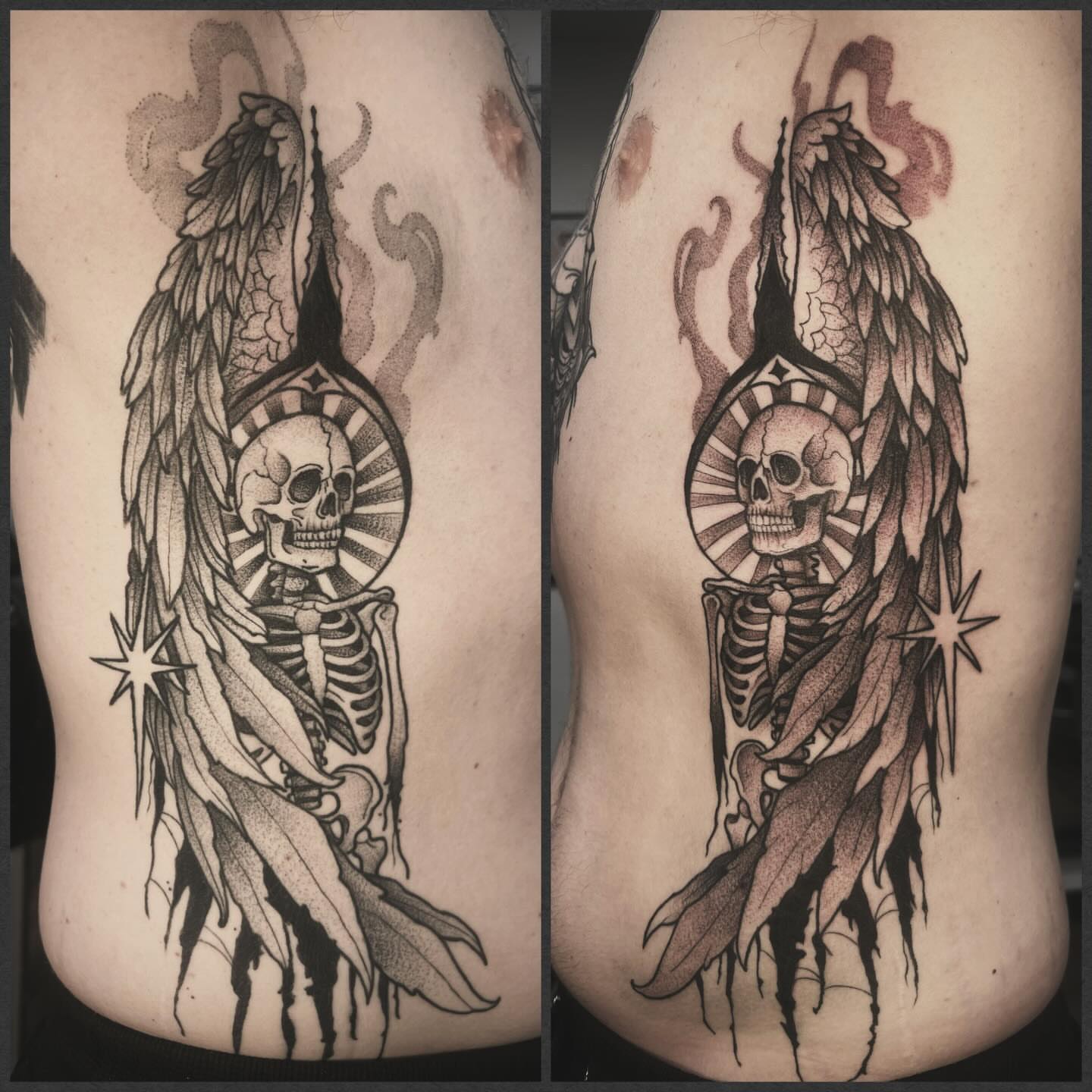 Skeleton with wings dotwork tattoo on the thigh by Sarah Foltz