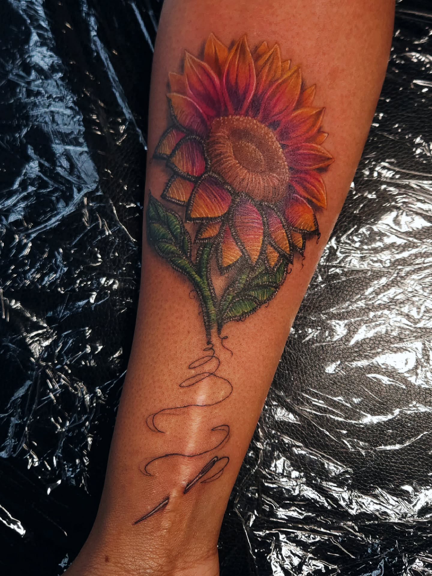 Sunflower realism tattoo on the forearm by ๐๐๐๐