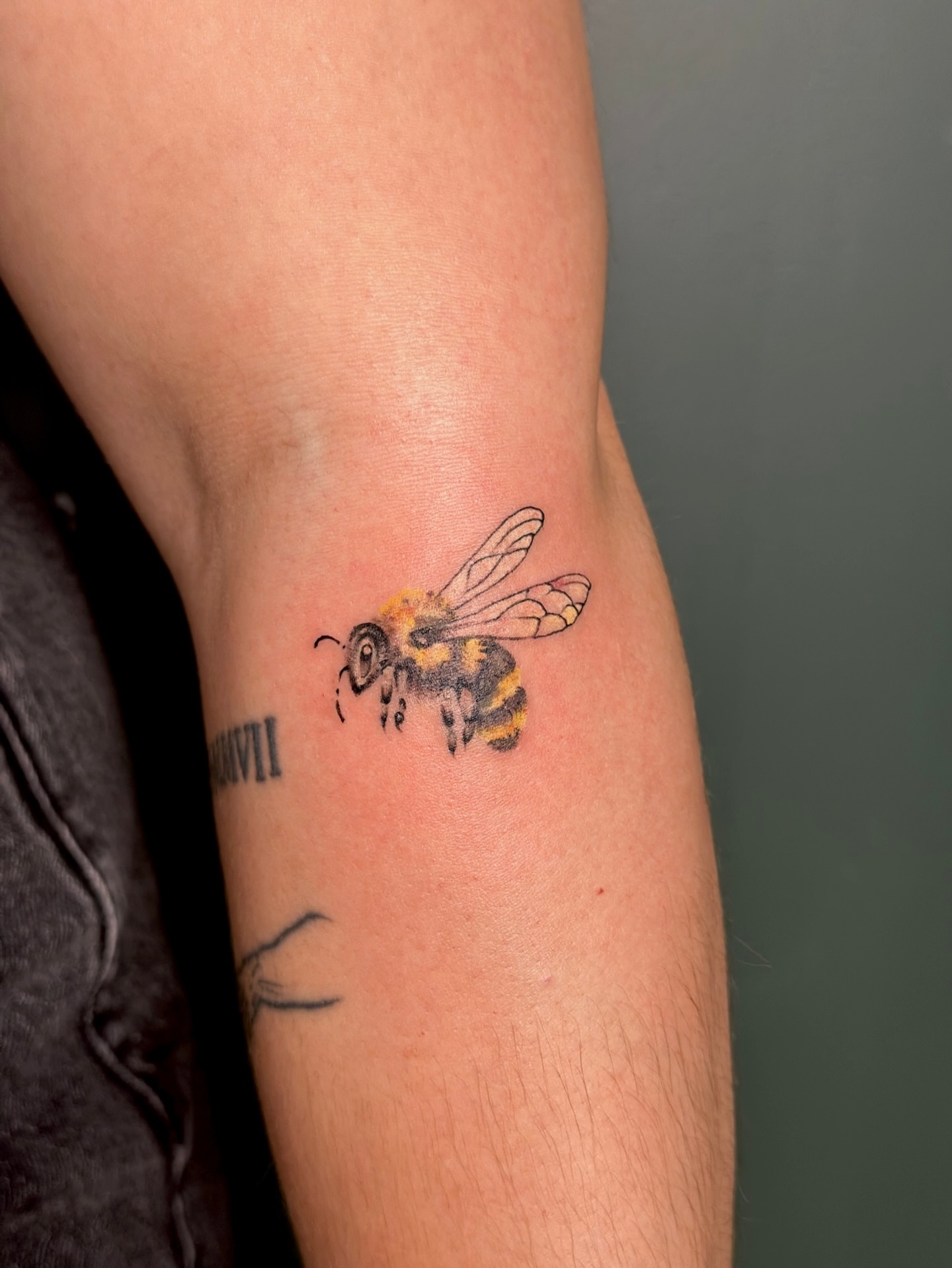 Bee realism tattoo on the forearm by Sarah Margaret
