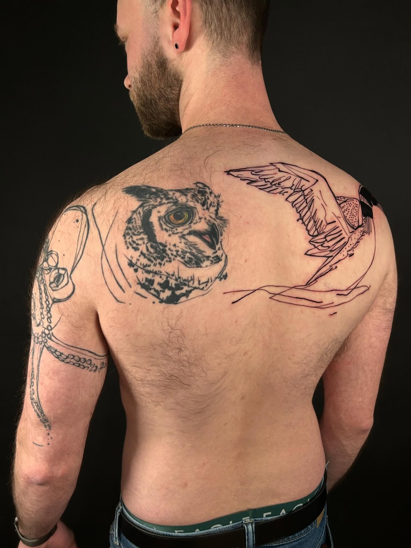 Owl black and grey tattoo on the back by @laurabochet_tattoo, Beacon, NY