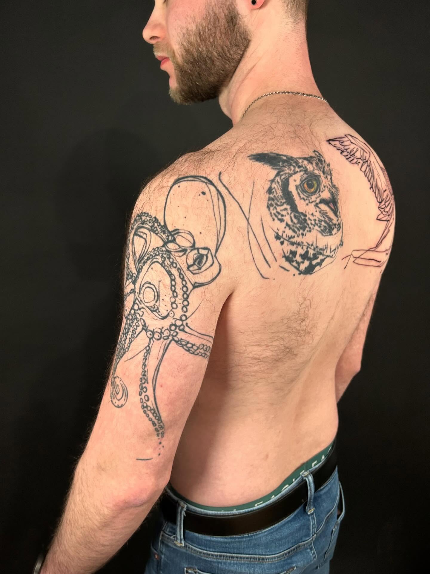 Owl and octopus realism tattoo on the back by @laurabochet_tattoo, Beacon, NY
