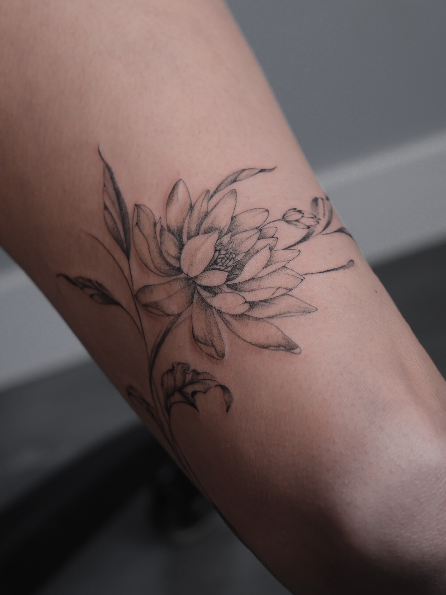Lotus flower black and grey tattoo on the forearm by Alina 🌙 Tattoo in Calgary 🇨🇦
