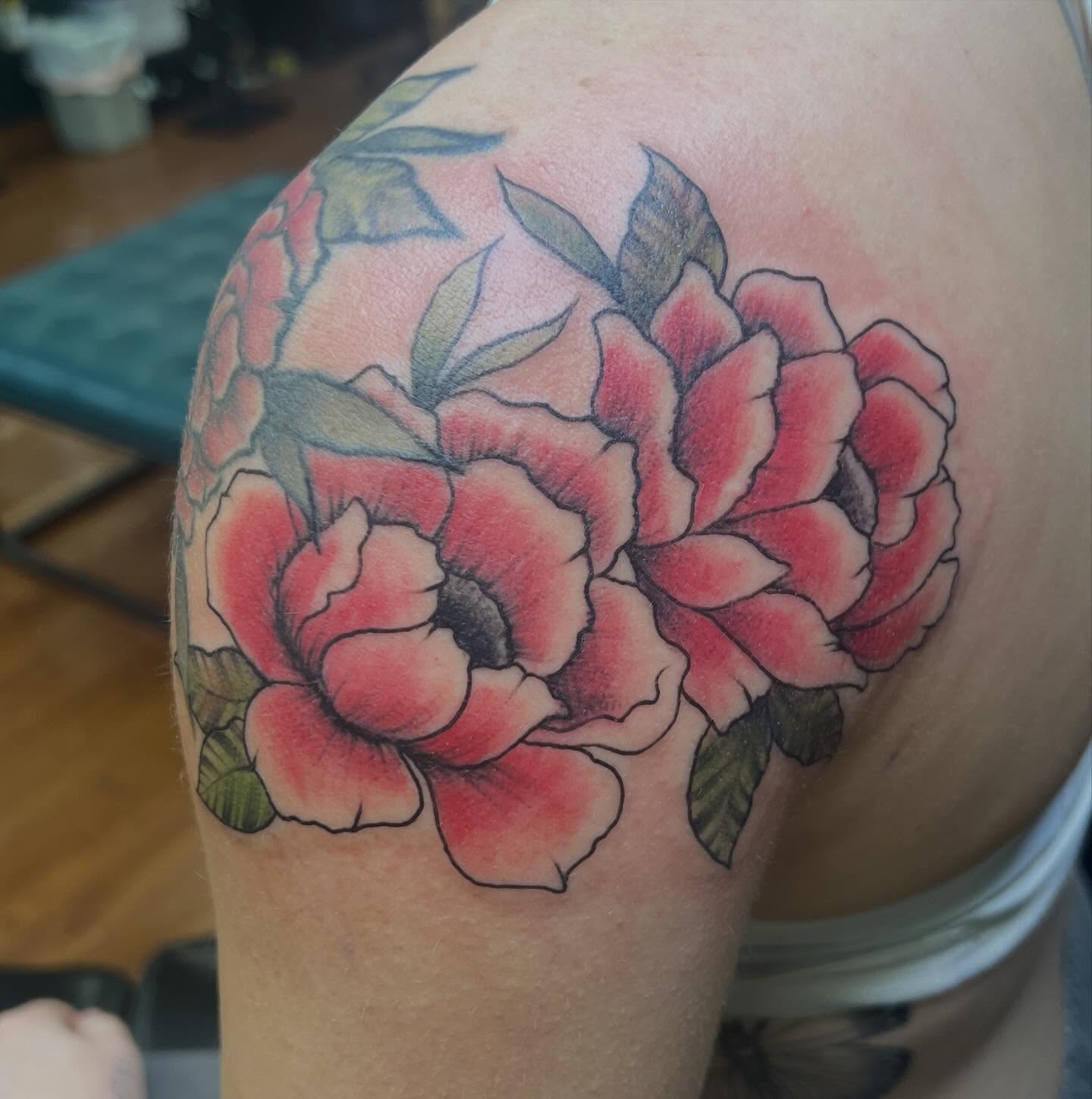 Peony flowers realism tattoo on the shoulder by Tattoos by Ash, Crystal Lake, Illinois
