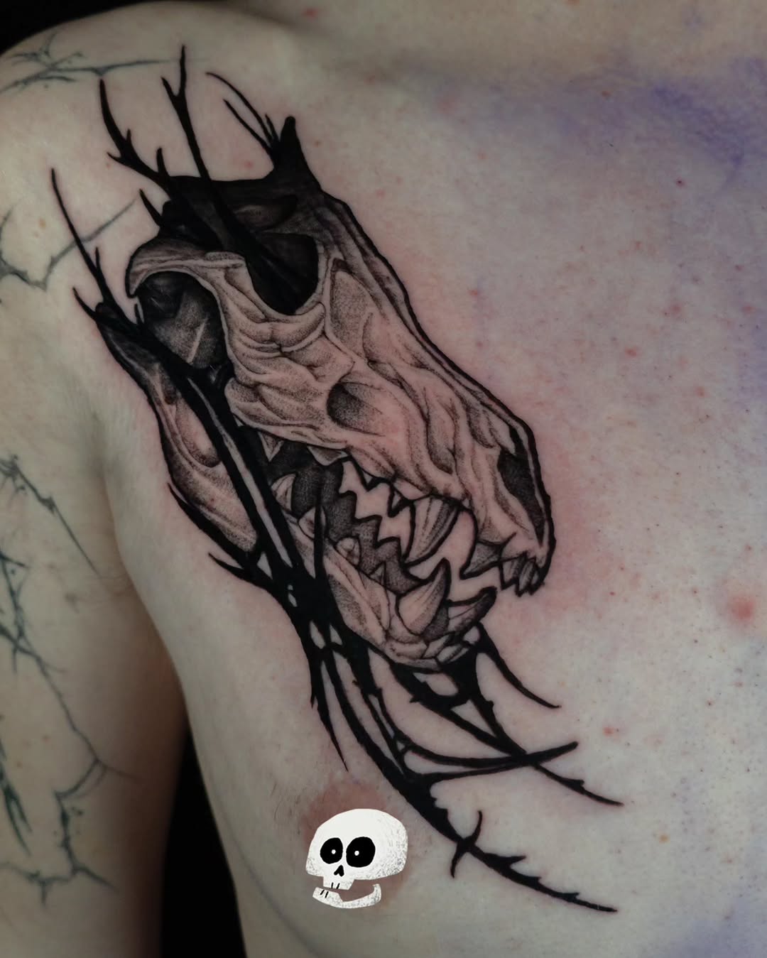 Tattoo by @eyeseedraws — black_and_grey, dark_realism