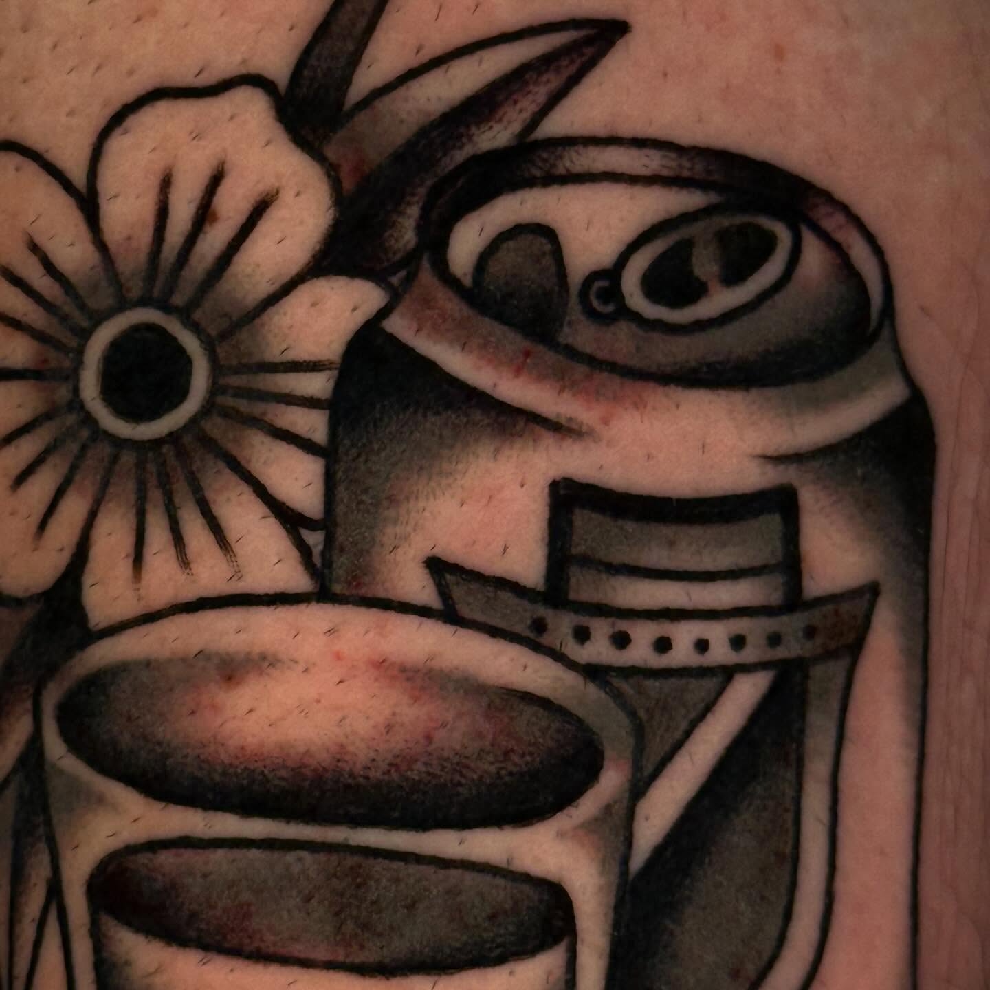 Robot American traditional tattoo on the forearm by Mallory Brown