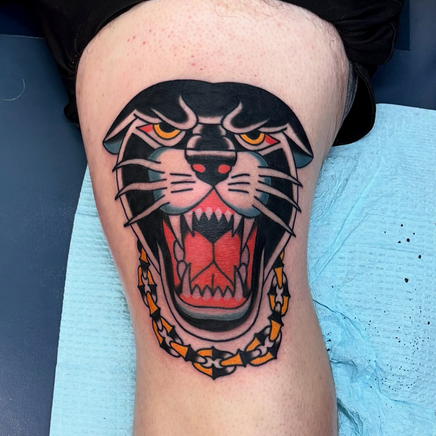 Panther American traditional tattoo on the thigh by Sam