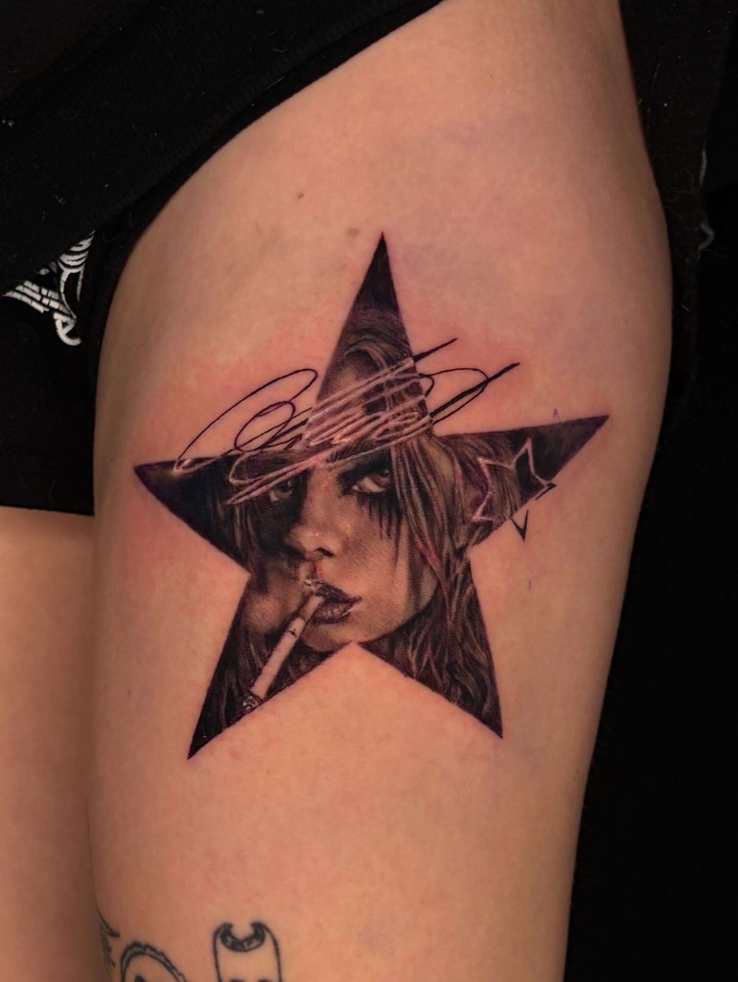 Smoking woman realism tattoo on the thigh by Haley
