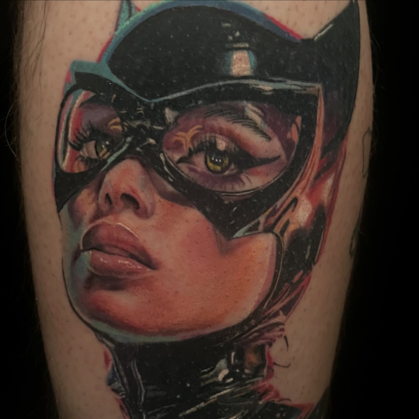 Catwoman realism tattoo on the forearm by Dustin Kaiser, Mentor, Ohio