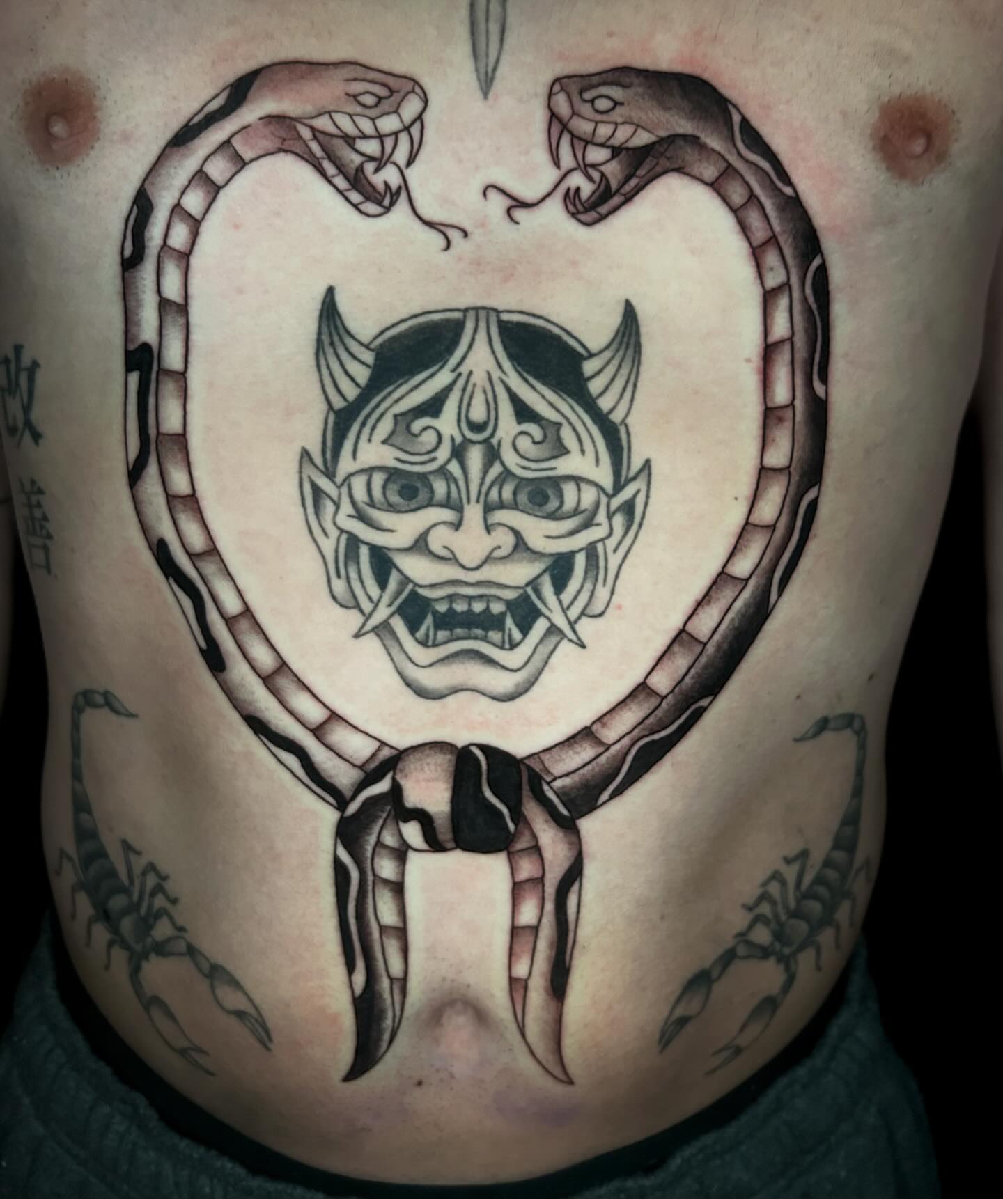 Demon mask with snakes japanese irezumi tattoo on the chest by 🕸🖤Kass🖤🕸