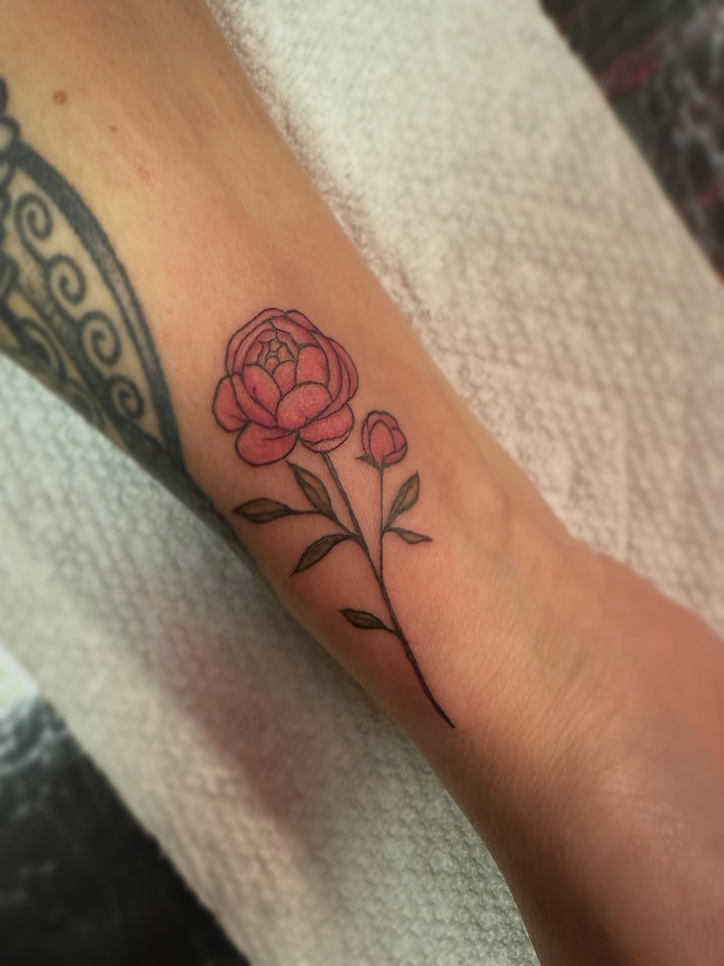 Peony realism tattoo on the forearm by π·πππ, Cleveland, Ohio