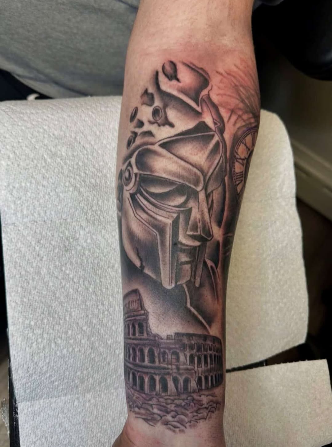 Dr. Doom and Colosseum sketch tattoo on the forearm by Sk Pierce