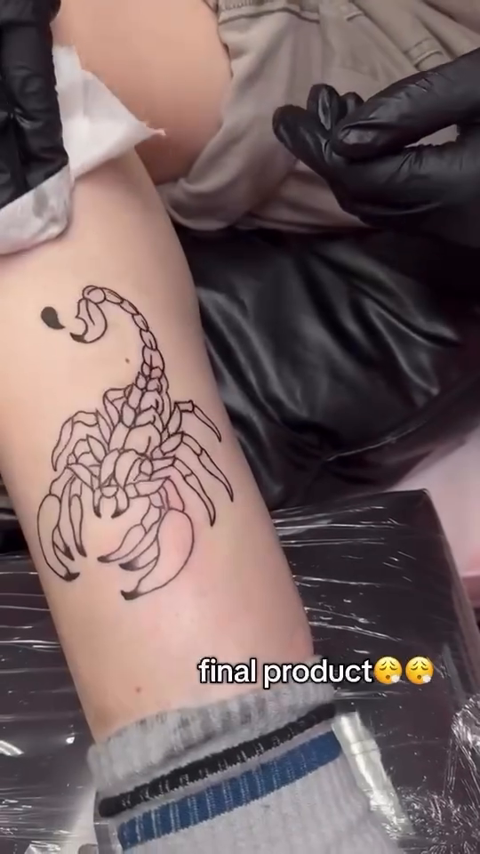 Scorpion tattoo fine line tattoo on the leg by Lindsey