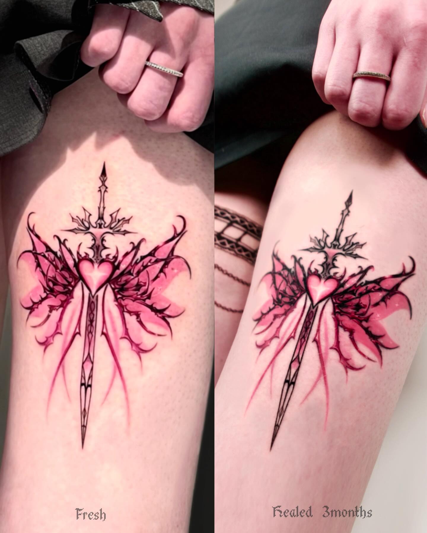 Heart with wings and sword watercolor tattoo on the thigh by Cyber sigil & ornamental tattoo π₯