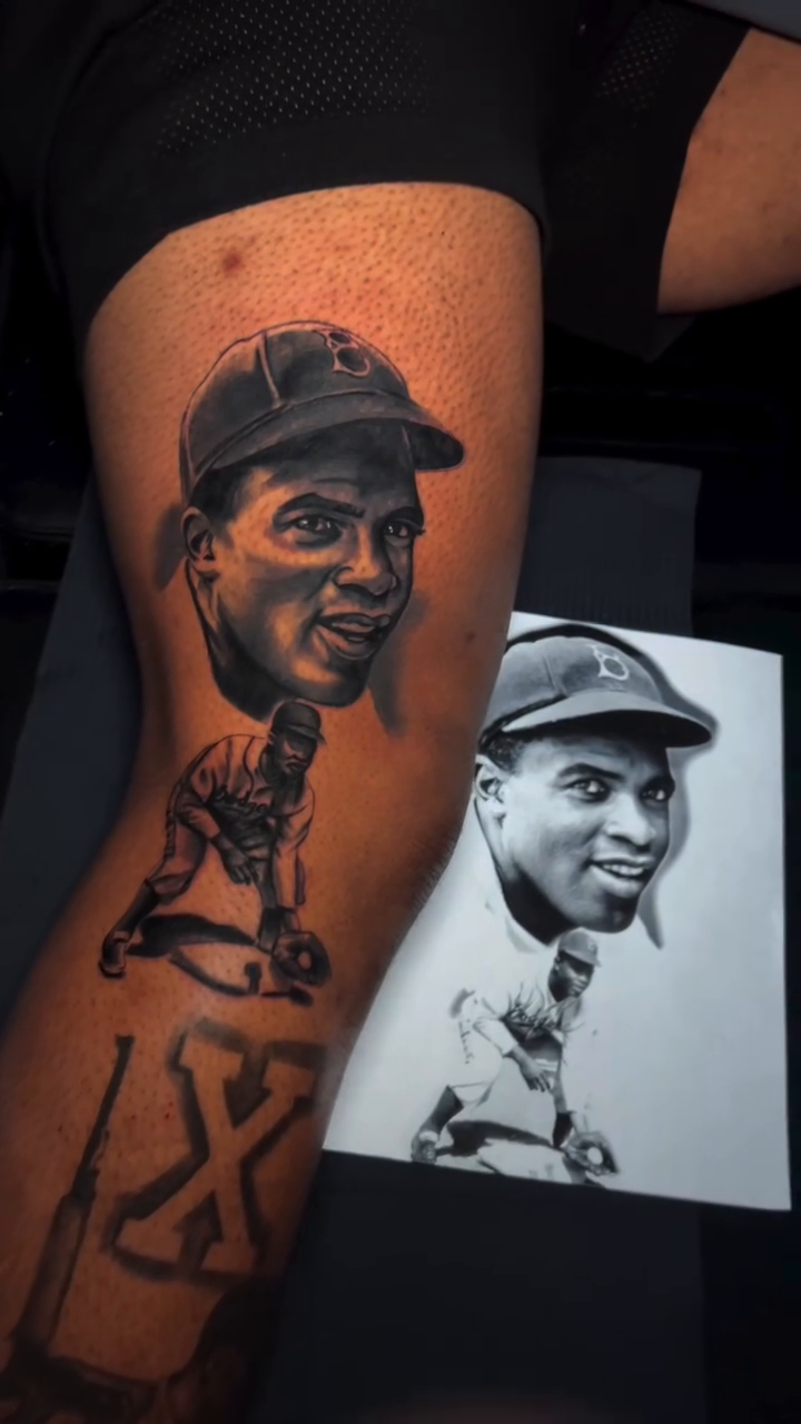 Jackie Robinson portrait realism tattoo by Lucky Lefty